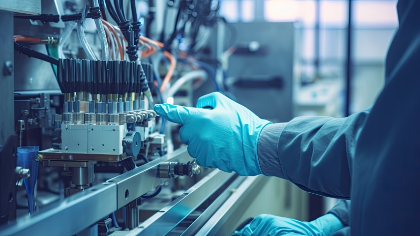 hand of worker in gloves checking products on production line Generative AI