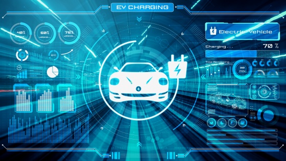 Electric car virtual reality graphic on road in fast speed EV charging station for green energy and eco power produced from sustainable source to supply to the station in order to reduce CO2 .