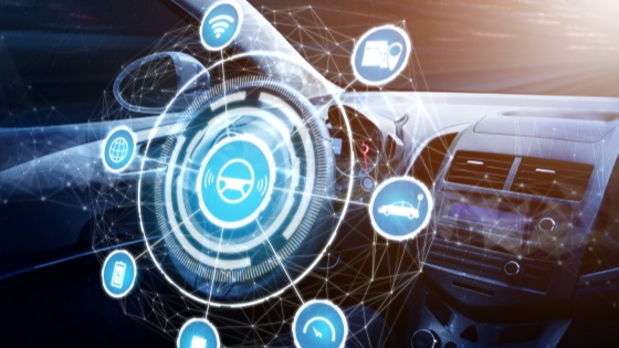 Driverless car interior with futuristic dashboard for autonomous control system